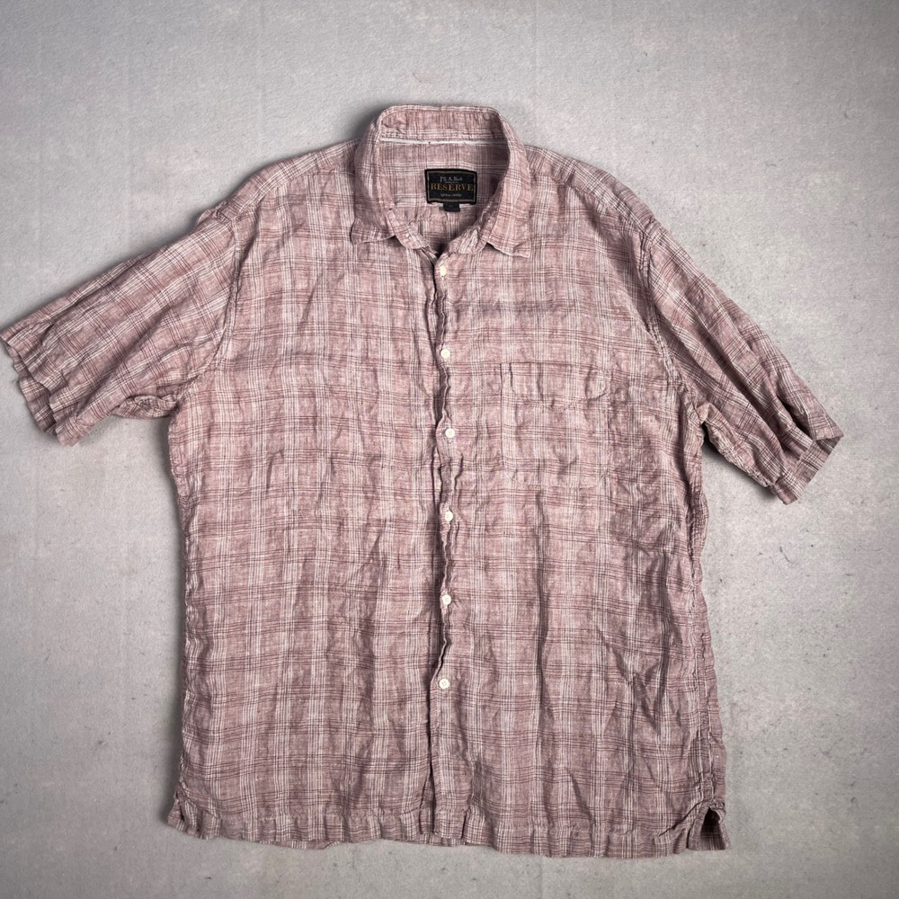 Jos A Bank Reserve Linen Shirt Plaid Button Front Short‎ Sleeve Casual Shirt XL